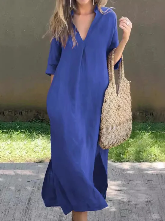 Women Plain Short Sleeve Summer Dress V Neck Daily Casual Maxi H-Line Dress