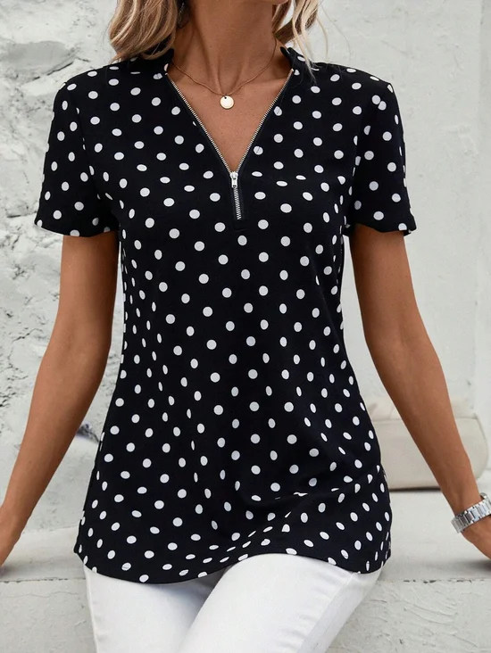 Women's Short Sleeve Blouse Summer Dark Blue Polka Dots Zipper V Neck Going Out Top