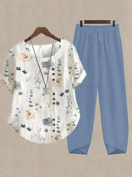 JFN Country Floral Casual Top & Pants Two-Piece Set