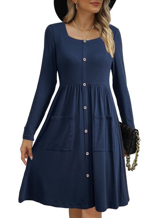 Women's Long Sleeve Summer Deep Blue Plain Square Neck Daily Going Out Casual Knee Length A-Line Dress