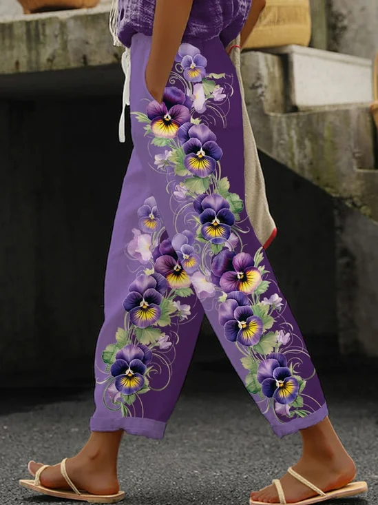 Women's  Elastic Waist H-Line Straight Pants Daily Going Out Pants Purple Casual Floral Color Block Summer Pants Alzheimer