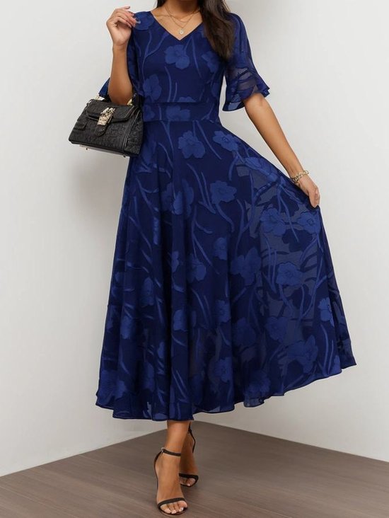 Women's Short Sleeve Summer Floral Dress V Neck Bell Sleeve  Elegant Wedding Guest Blue Flowy Maxi Dress