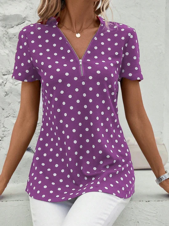 Women's Short Sleeve Blouse Summer Dark Blue Polka Dots Zipper V Neck Going Out Top
