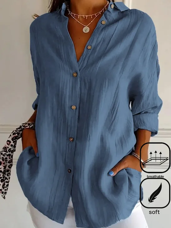 Women's Long Sleeve Shirt Spring/Fall Plain Cotton Shirt Collar Daily Going Out Casual Top 