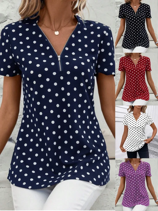 Women's Short Sleeve Blouse Summer Dark Blue Polka Dots Zipper V Neck Going Out Top