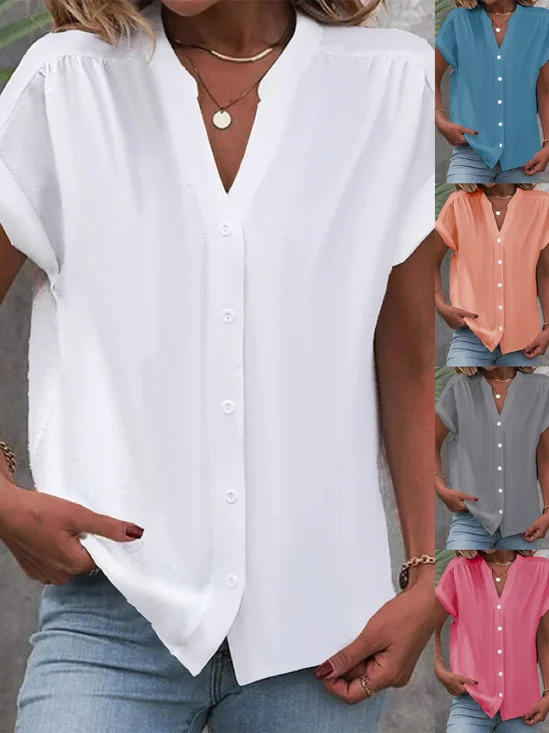 Women's Short Sleeve Shirt Summer Plain Stand Collar Daily Going Out Casual Top