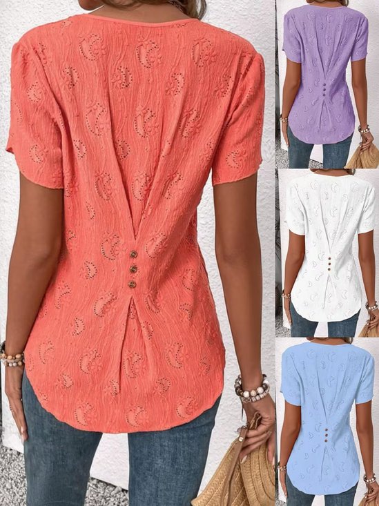 Women's Short Sleeve Blouse Summer Plain Buttoned Notched Neck Petal Sleeve Daily Going Out Simple Top