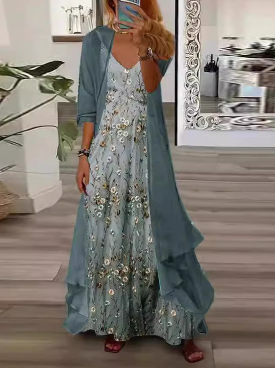Two-Piece Set with Long Sleeve Ruched Bodysuit and Maxi Skirt with Front Slit - Blue