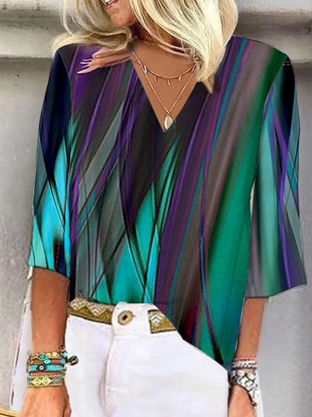 Women's Half Sleeve Blouse Summer Gradient Pattern V Neck Daily Going Out Casual Top Deep Blue