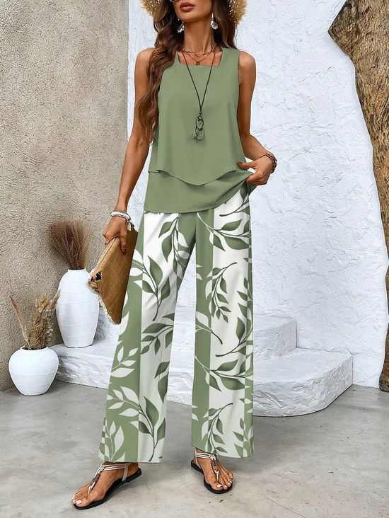 Women's Leaf Daily Going Out Two Piece Set Floral Sleeveless Casual Summer Top With Pants Matching Set