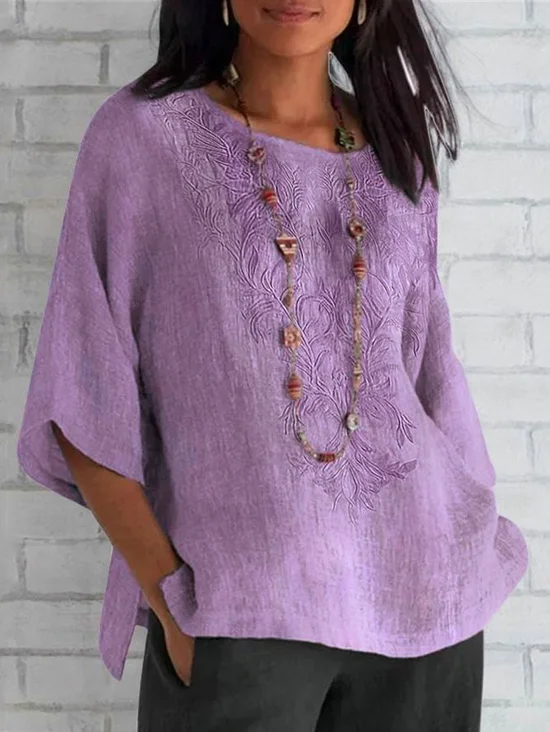 Women's Short Sleeve Blouse Summer Purple Plain Embroidery Cotton Crew Neck Daily Casual Top