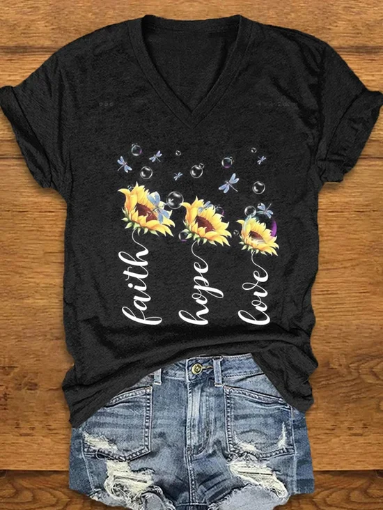 Women's Floral Short Sleeve Tee T-shirt V Neck Casual Summer Top