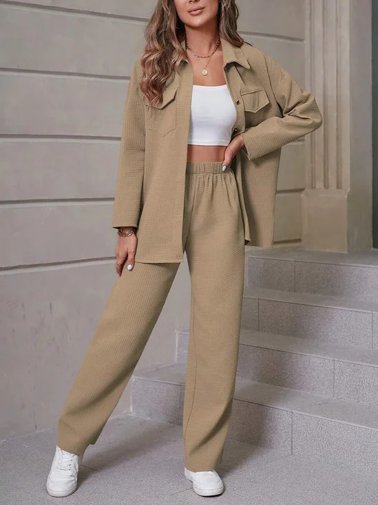 Women Plain Two-Piece Set Daily Long Sleeve Casual Spring/Fall Top With Pants Matching Set