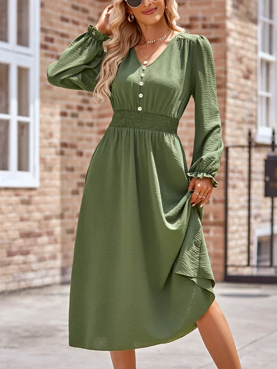 Women's Plain Long Sleeve Spring/Fall Dress Crew Neck Daily Casual Midi H-Line Dress