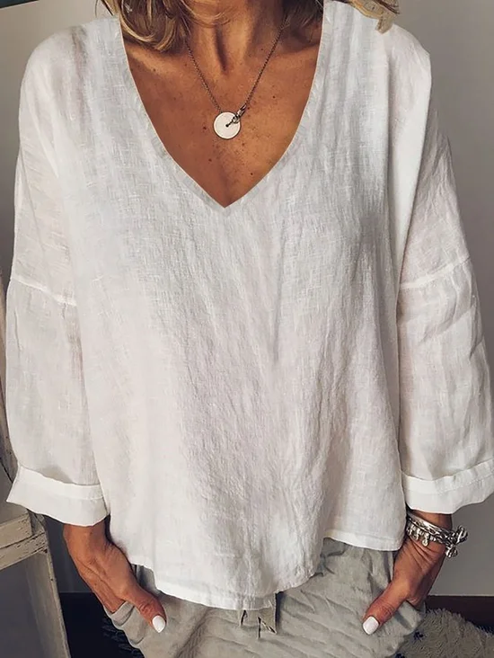 Women Plain Long Sleeve Blouse Spring/Fall V Neck Daily Casual Top