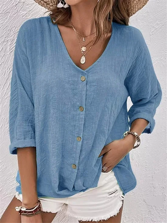 Women Plain Long Sleeve Shirt Spring/Fall V Neck Daily Casual Top
