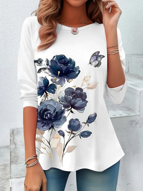 Women's Long
                          Sleeve Tee T-shirt Spring/Fall Floral Printing
                          Jersey Crew Neck Daily Going Out Casual Top