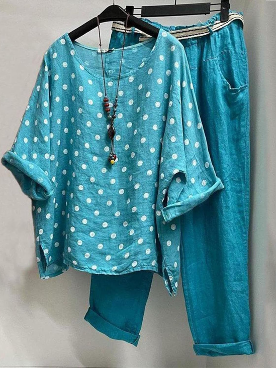 Women Polka Dots Two-Piece Set Daily Half Sleeve Casual Summer Top With Pants Matching Set