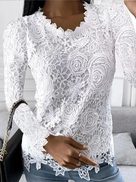 Women's Long Sleeve Blouse Spring/Fall Plain Lace Daily Going Out Casual Top