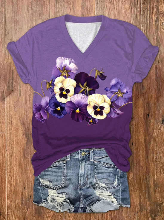 Women's Short Sleeve Floral Tee T-shirt Summer Ombre Crew Neck Casual Top