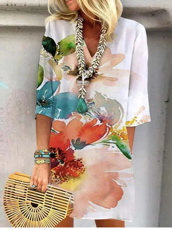 Women's Three Quarter Sleeve Spring/Fall Floral Dress V Neck Daily Going Out Casual Midi H-Line