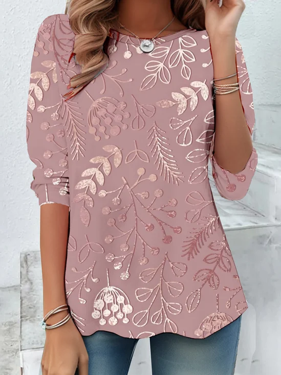 Women's Branches Long Sleeve Floral Tee T-shirt Crew Neck Casual Spring/Fall Top