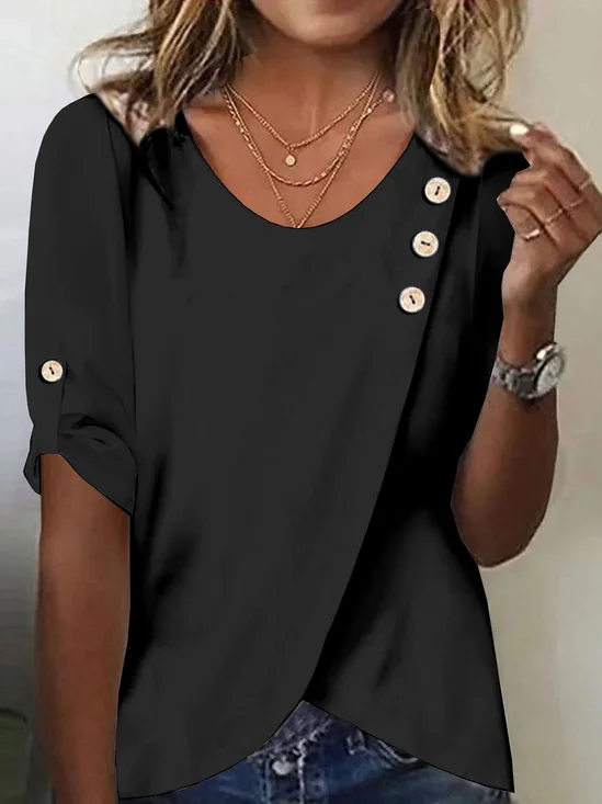 Women's Three Quarter Sleeve Tee T-shirt Spring/Fall Plain Buckle Cotton Crew Neck Daily Going Out Casual Top White
