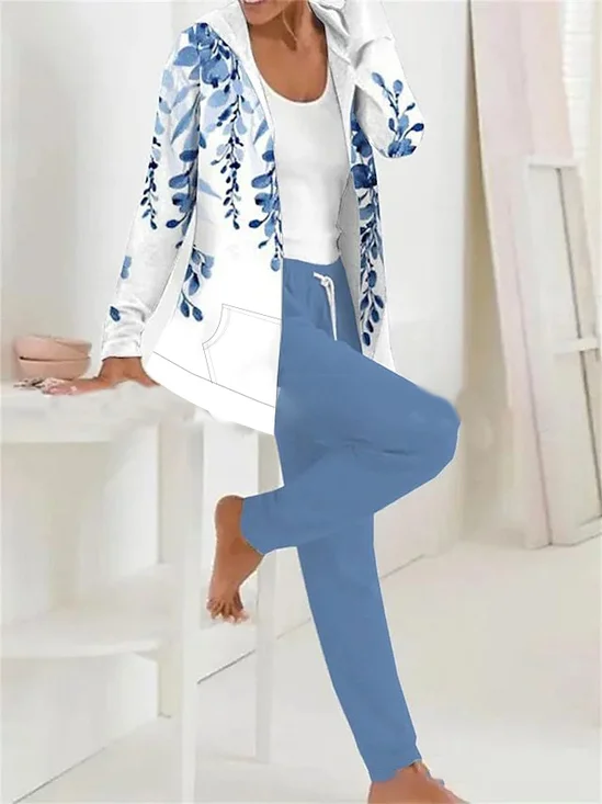 Women's Floral Two-Piece Set Daily Long Sleeve Casual Spring/Fall Top With Pants Matching Set
