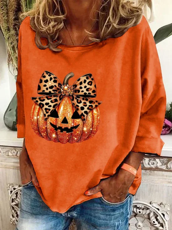 Women's Crew Neck Halloween (pumpkin) Casual Spring/Fall Cotton-Blend Long Sleeve Sweatshirt