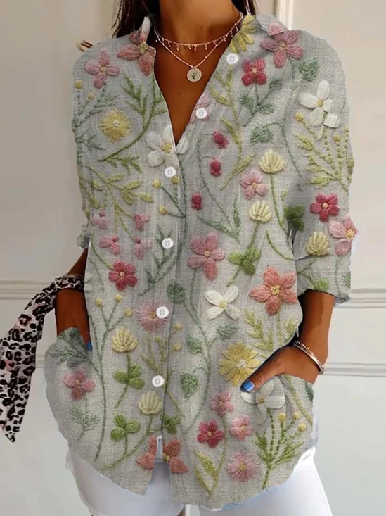 Women's Long Sleeve Shirt Spring/Fall Floral Shirt Collar Daily Going Out Casual Top