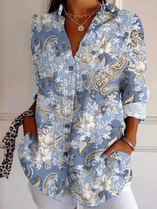 Women's Long Sleeve Shirt Spring/Fall Cashew Flowers Shirt Collar Daily Going Out Casual Top