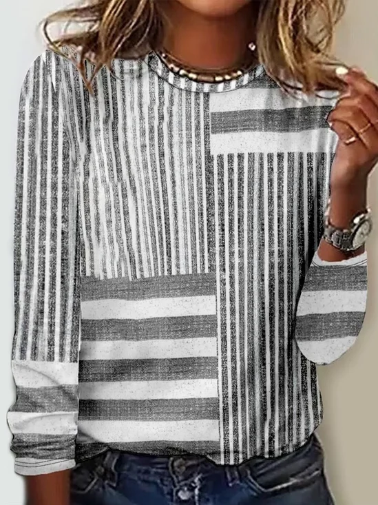 Women Striped Long Sleeve Blouse Spring/Fall Crew Neck Daily Casual Top