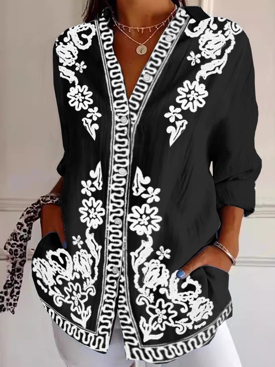 Women Ethnic Long Sleeve Shirt Spring/Fall Shirt Collar Daily Vintage Top