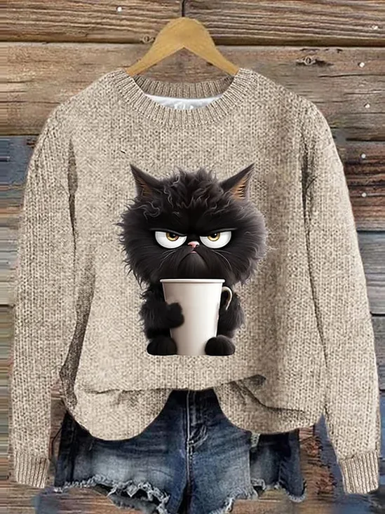 Women's Winter Cat Casual Long Sleeve Crew Neck Knitted Sweater