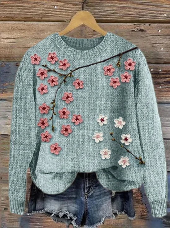 Women's Floral Winter Casual Long Sleeve Crew Neck Knitted Sweater