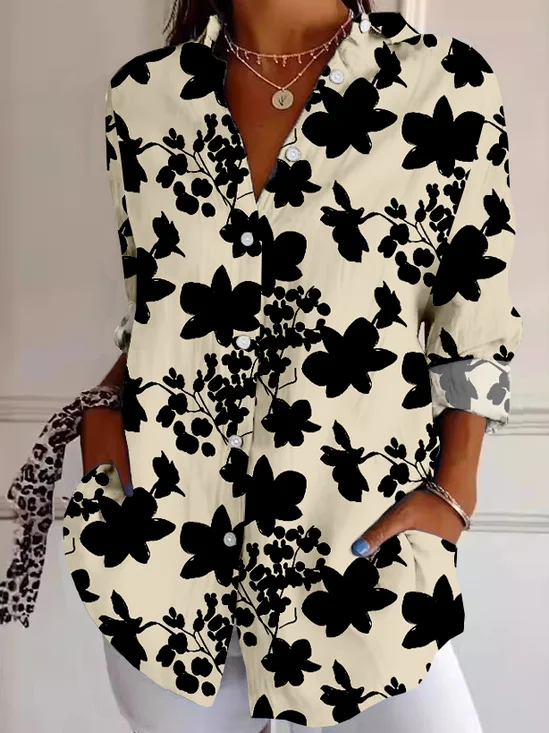 Women Floral Long Sleeve Shirt Spring/Fall Buttoned Shirt Collar Daily Vintage Top