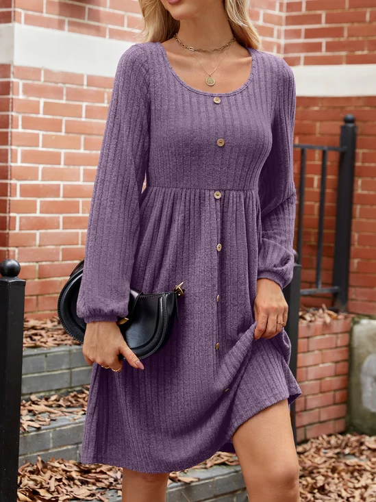 Women's Long Sleeve Summer Plain Dress Crew Neck Balloon Sleeve Daily Going Out Casual Knee Length A-Line