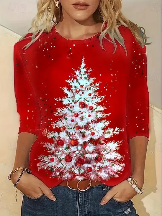 Women's Long Sleeve Tee T-shirt Spring/Fall Christmas Tree Printing Jersey Crew Neck Holiday Going Out Casual Top