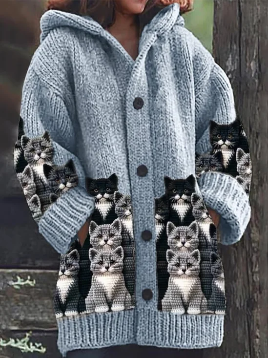 Women Cat Long Sleeve Hoodie Casual Spring/Fall Cardigan Outerwear