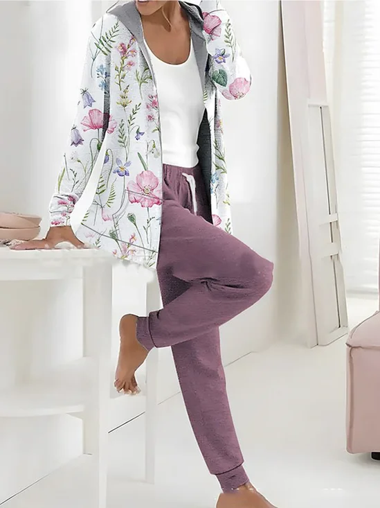Women's Floral Two-Piece Set Daily Long Sleeve Casual Spring/Fall Top With Pants Matching Set
