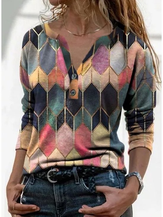 Women Abstract Graphic Long Sleeve Tee T-shirt V Neck Casual Spring/Fall Top