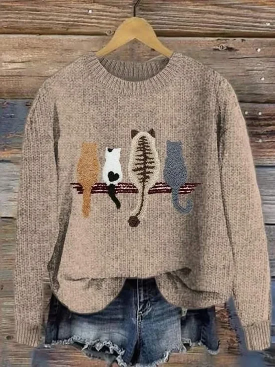 Women's Winter Cat Casual Long Sleeve Crew Neck Knitted Sweater