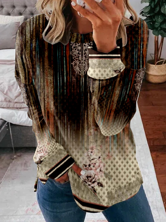 Women's Crew Neck Ethnic Zipper Casual Spring/Fall Long Sleeve Sweatshirt