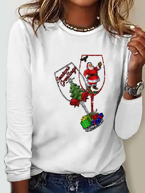 Women's Long Sleeve Tee T-shirt Spring/Fall Christmas Wine Glass Jersey Crew Neck Daily Going Out Casual Top