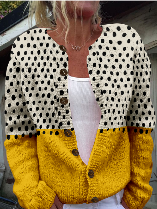 Women Polka Dots Long Sleeve Crew Neck Vintage Spring/Fall Cardigan Outerwear