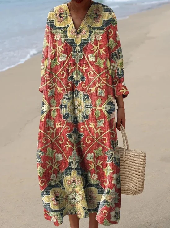 Women's Vintage Floral Long Sleeve Spring/Fall Dress V Neck Daily Vintage Maxi Shirt Dress H-Line Dress