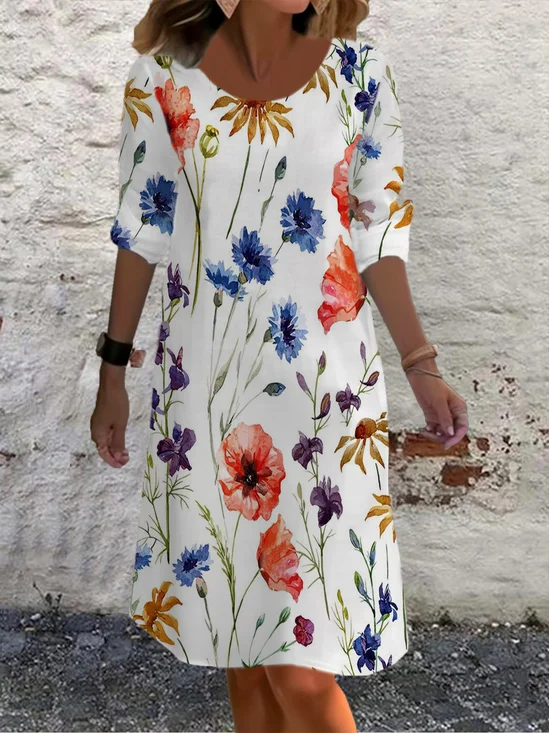 Women's Long Sleeve Spring/Fall Floral Jersey Dress Crew Neck Daily Going Out Casual Mini H-Line T-Shirt Dress