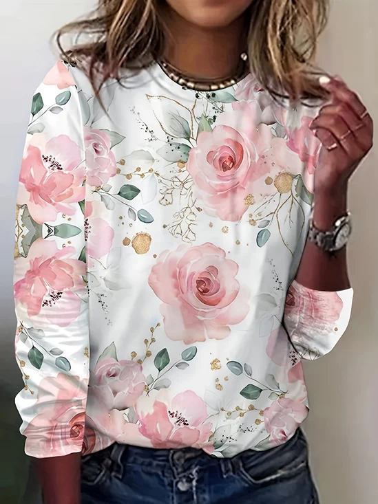 Women's Floral Long Sleeve Tee T-shirt Spring/Fall 3D Printing Crew Neck Casual Top