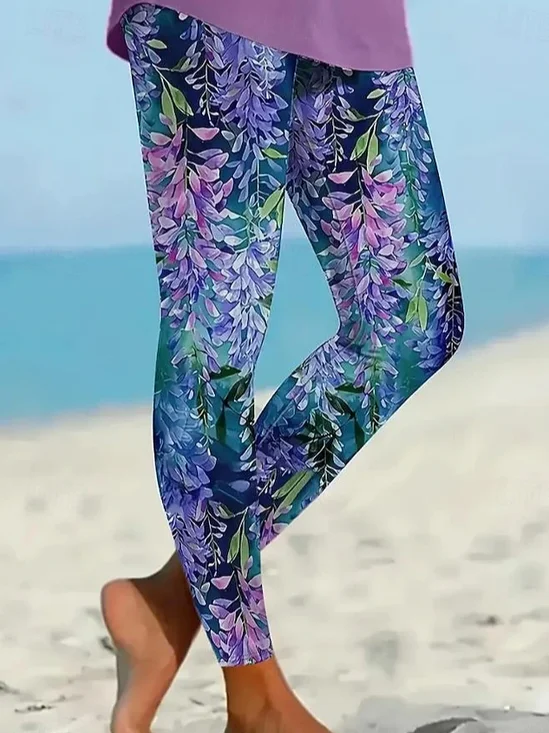 Women's Casual Leaf Jersey All Season Long Floral Leggings