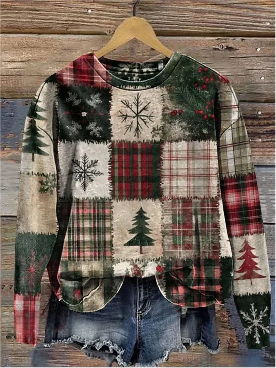 Women's Crew Neck Plaid Vintage Spring/Fall Long Sleeve Sweatshirt
